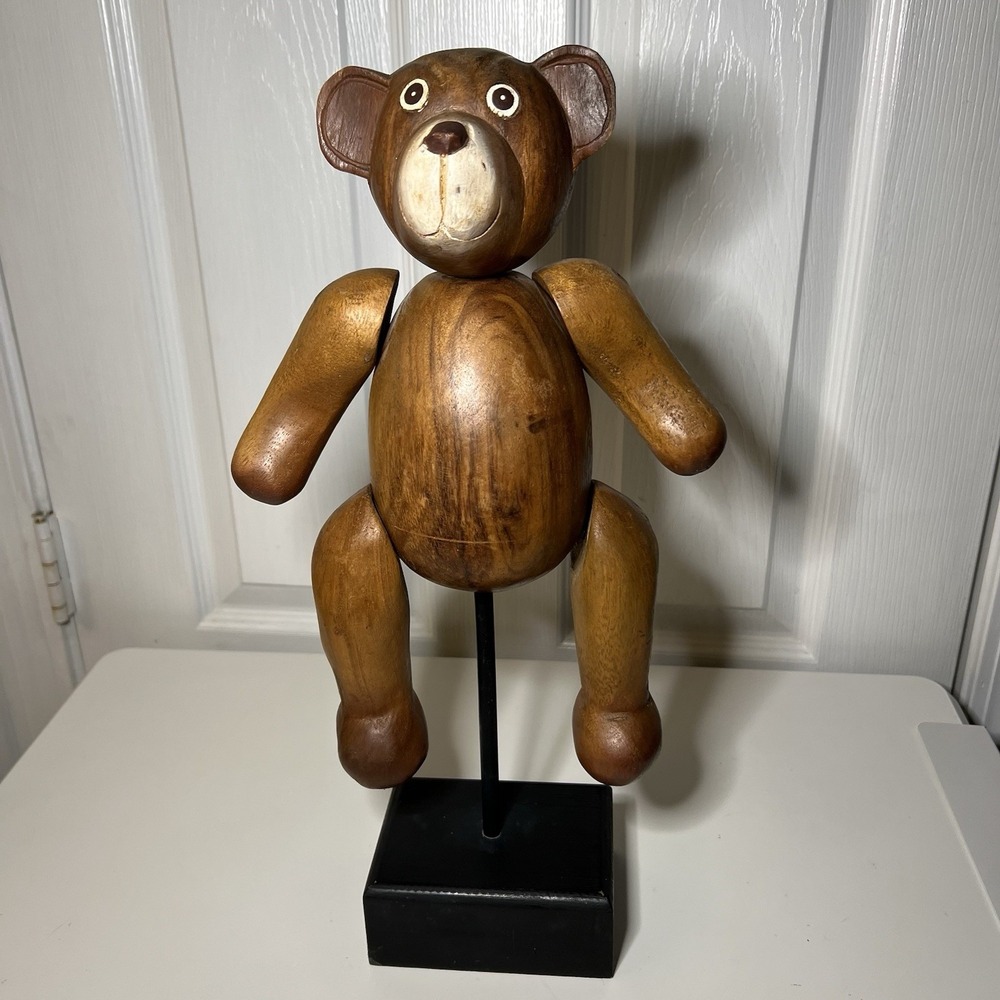 Vtg Hand Carved Wooden Articulated Teddy Bear On Stand 17"